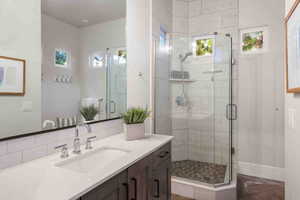 Bathroom with vanity and a stall shower