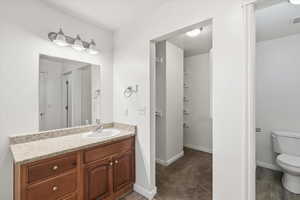 Bathroom featuring vanity, dark wood-type flooring, and dark colored carpet