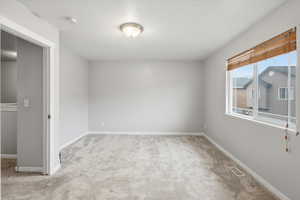 Spare room with light colored carpet and baseboards