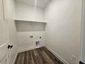 Laundry room with dark wood-style floors, electric dryer hookup, and hookup for a washing machine