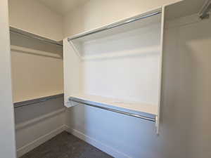 Walk in closet with dark colored carpet