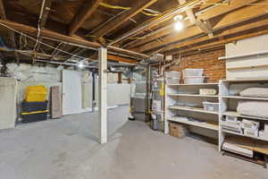 Unfinished basement with heating unit and secured water heater