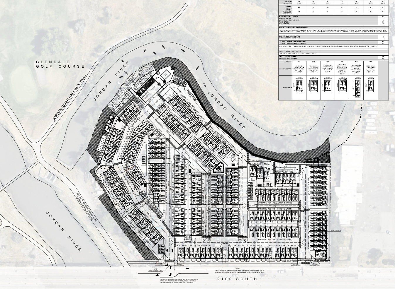 Site Plan. Illustrating the property layout, including units, pathways, and surrounding natural and built features