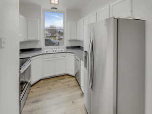 Kitchen with stainless steel appliances, light wood-style floors, white cabinetry, and dark countertops