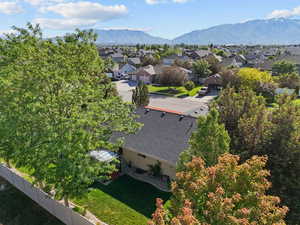 Aerial view of residential area with mountains