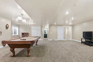 Playroom with light carpet, billiards, and recessed lighting