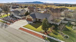 Aerial perspective of suburban area with mountains