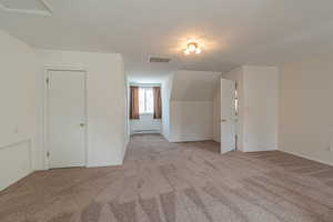 Bonus room featuring a textured ceiling, light colored carpet, and a baseboard radiator