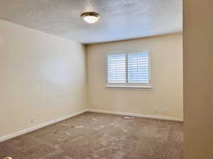 Spare room featuring a textured ceiling and carpet