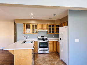 Kitchen featuring stainless steel electric stove, open shelves, light countertops, white refrigerator with ice dispenser, and recessed lighting