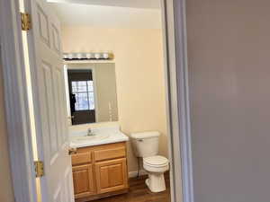 Bathroom with vanity and dark wood-style flooring