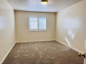 Spare room featuring a textured ceiling and carpet