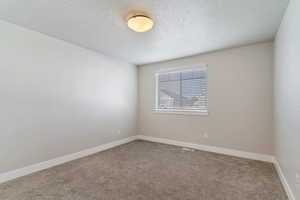 Carpeted empty room featuring a textured ceiling and baseboards