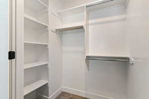 Walk in closet with dark carpet