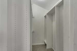 Walk in closet featuring light colored carpet