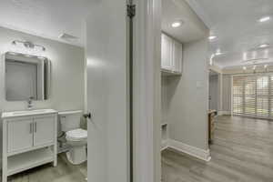 Bathroom with light wood-type flooring, vanity, a textured ceiling, ornamental molding, and recessed lighting