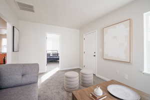 Living room featuring light colored carpet