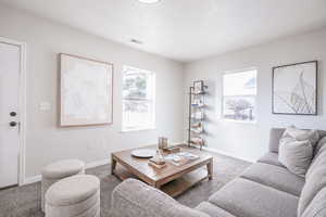 Living area featuring carpet and healthy amount of natural light