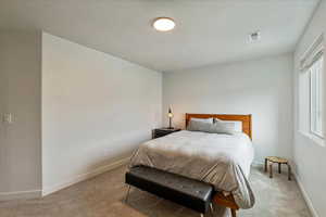 Bedroom featuring carpet floors and a textured ceiling