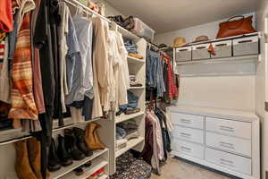 Walk in closet featuring light colored carpet