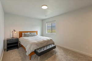 Carpeted bedroom featuring a textured ceiling and baseboards