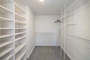 Upstairs ensuite spacious walk in closet featuring dark colored carpet