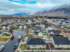 Aerial view of residential area with mountains