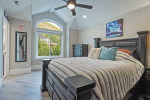 Bedroom featuring wood finished floors and ceiling fan