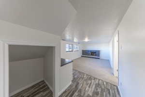 Interior space with a stone fireplace, dark wood finished floors, and a textured ceiling