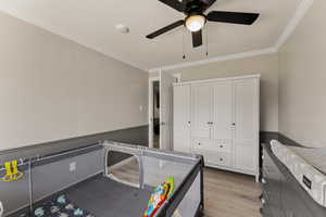 Bedroom with ornamental molding, light wood finished floors, ceiling fan, and a closet