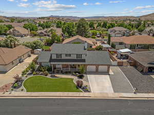 Aerial view of residential area with a mountainous background