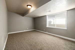 Unfurnished room featuring a textured ceiling and light colored carpet