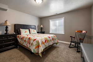 Bedroom with light colored carpet and a textured ceiling