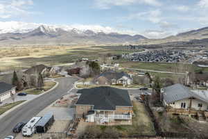 Aerial view of residential area with mountains