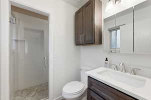 Full bath with vanity and a shower stall