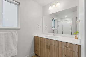 Full bathroom featuring vanity and a shower stall