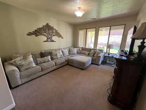 Carpeted living area with a textured ceiling