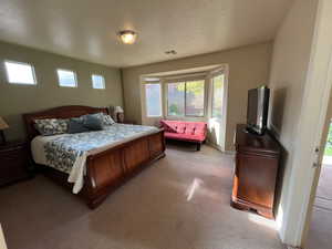 Bedroom featuring carpet and a textured ceiling
