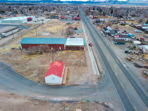 Aerial view of industrial structures and mountains