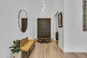 Foyer entrance featuring a towering ceiling and light wood-style flooring