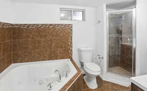 Bathroom with a tub with jets, dark tile patterned floors, a shower stall, and vanity