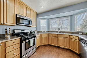Kitchen with appliances with stainless steel finishes, light wood-style flooring, a textured ceiling, recessed lighting, and light brown cabinets