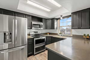 Kitchen with appliances with stainless steel finishes, stainless steel countertops, light wood-type flooring, and a raised ceiling