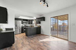 Kitchen with appliances with stainless steel finishes, dark countertops, a peninsula, and healthy amount of natural light
