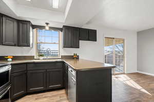 Kitchen with a peninsula, light wood-type flooring, stainless steel appliances, dark cabinetry, and dark countertops