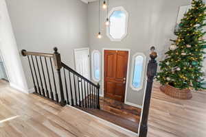 Foyer entrance featuring healthy amount of natural light, wood finished floors, a towering ceiling, and stairway