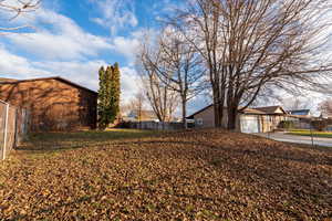 View of yard with a garage and driveway