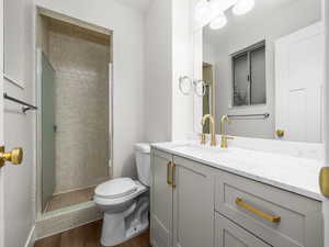 Bathroom featuring vanity, a shower stall, and dark wood-style floors