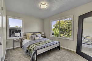 Bedroom featuring light carpet, multiple windows, and a textured ceiling