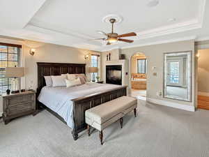 Bedroom featuring a tray ceiling, multiple windows, and crown molding